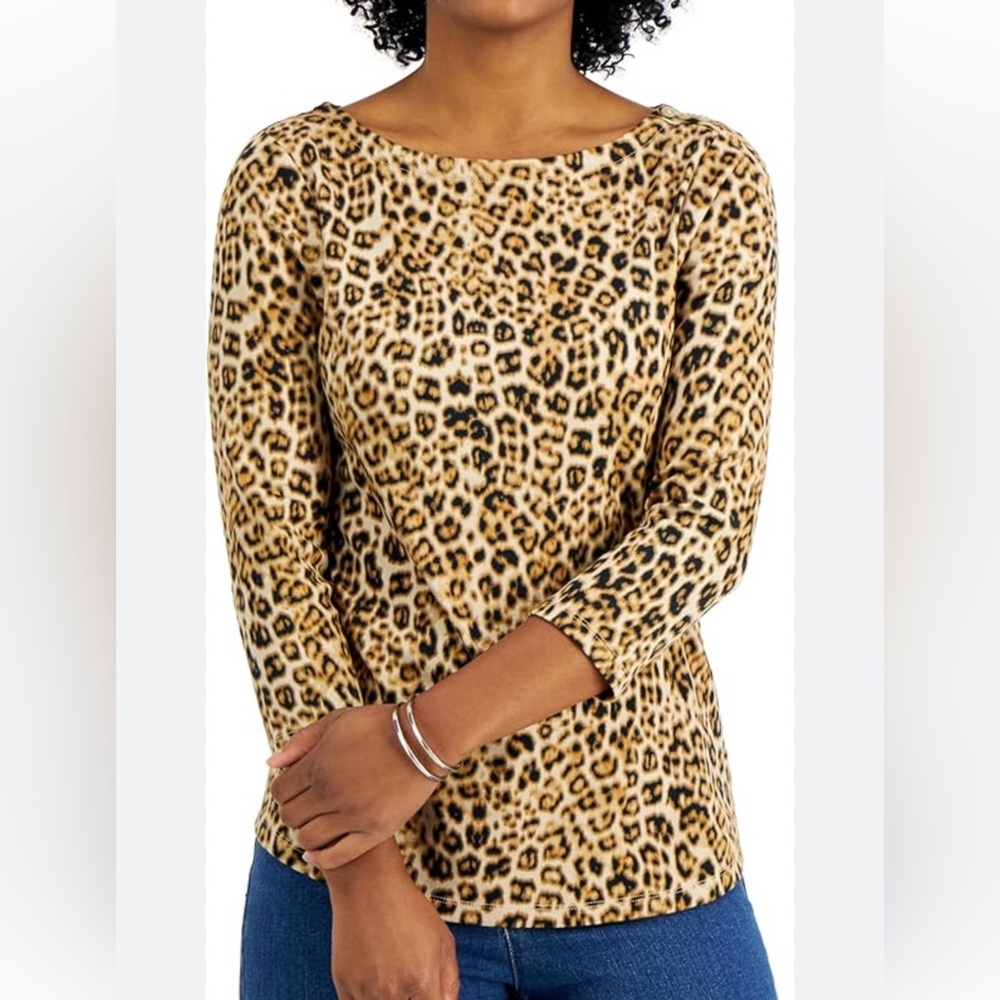 Charter CIub Petite Printed 3/4 Sleeve Cotton Top Sedona Dust Combo Size PS